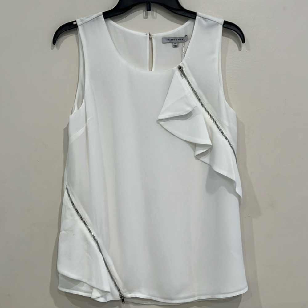 Naked Zebra White Sleeveless Ruffle Zip Accent Blouse